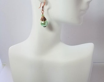 Earrings Mint Green Glass Pearl & Copper
