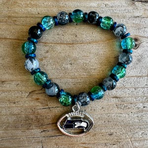 Seattle Seahawks Charm Stretch Bracelet Glass Crackle Hematite Beads