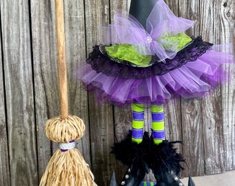 Purple and Green Witch Centerpiece, Halloween Witch Decoration, Witch Stand and Broom, Witch Hat and Boots Table Decor