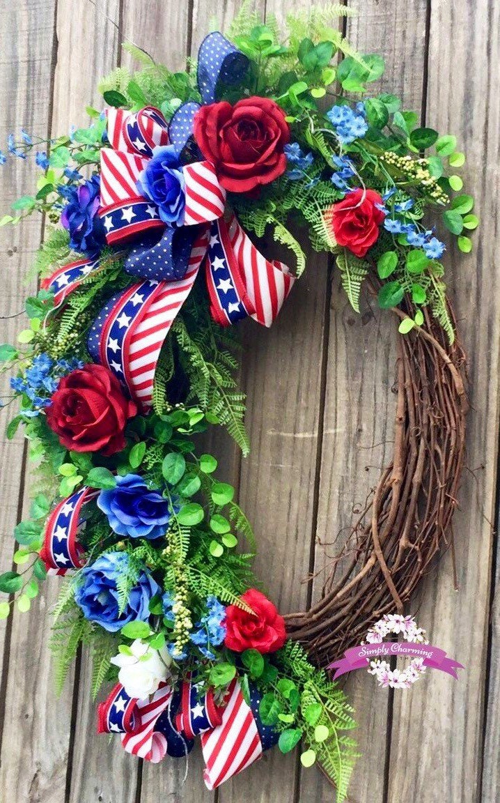 Patriotic Floral Grapevine Wreath, 4th of July Wreath, Americana Wreath ...
