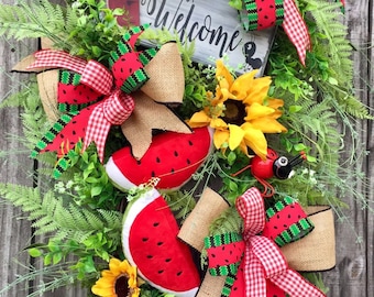 Summer Watermelon Welcome Floral Wreath, Sunflower Summer Wreath, Summer Floral Wreath, Lady Bug Wreath