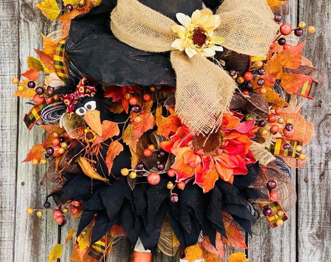Primitive Fall Witch Wreath, Autumn Wreath, Fall Decor, Halloween Witch Wreath, Fall Burlap Wreath