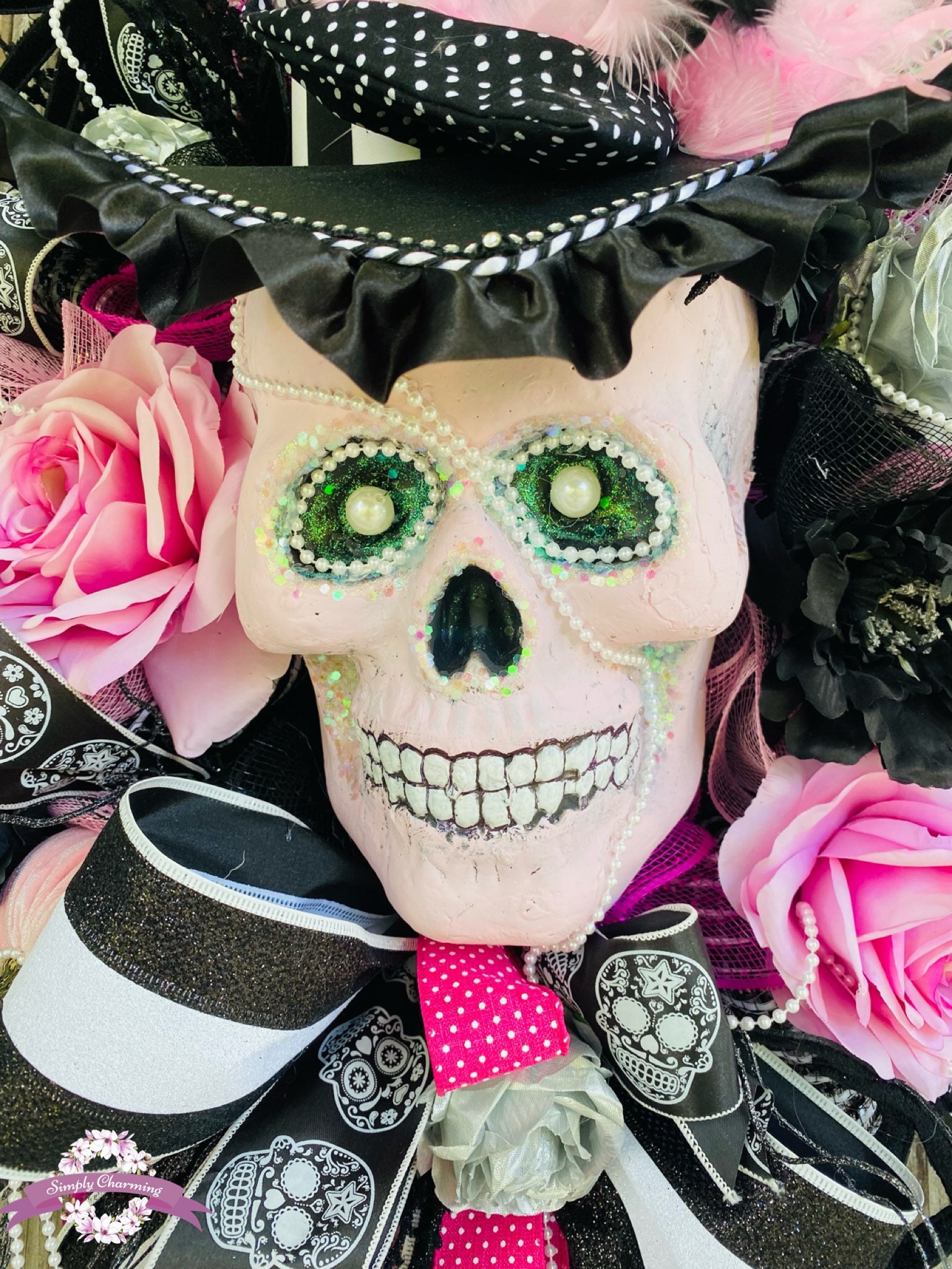 Pink Skeleton Halloween Wreath, Skeleton Wreath, Skeleton