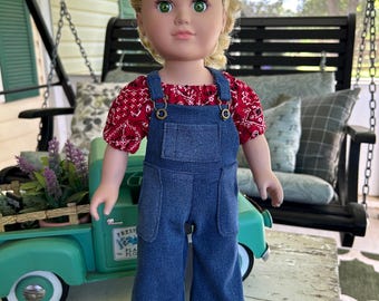 Faded denim overalls and peasant blouse for 18&quot; doll