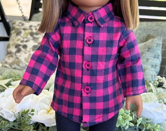 Pink and navy checked button up shirt with jeggings for 18&quot; doll