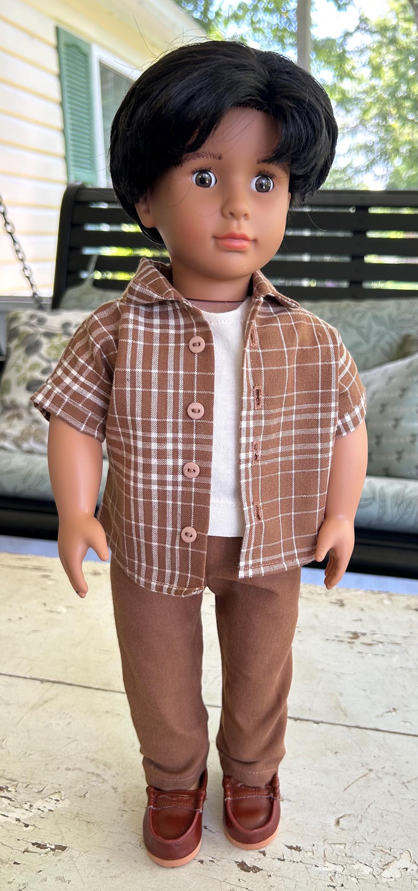 Dressy brown plaid button up shirt set for 18” boy doll
