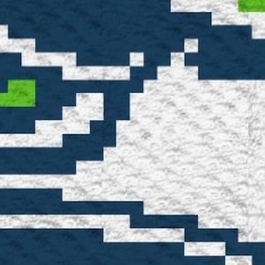 May include: A textile piece featuring a pixelated graphic design in navy blue, white, and bright lime green. The pattern consists of stepped, blocky shapes that form a stylized bird-like emblem with a large white central area and dark blue borders.