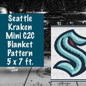 May include: A Seattle Kraken Mini C2C blanket pattern, 5 x 7 ft. The blanket features the Kraken logo in shades of teal, navy, and red. The logo is an abstract 'S' shape.