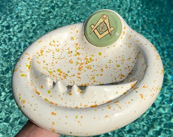 Vintage Freemason Ceramic Ashtray: Speckled Orange & Mint Green, 1960s