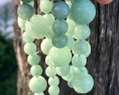 Vintage Estate Hand Carved Translucent Green Jade Shou Beads Sterling Silver Longevity Blessings Energizing Necklace, 36 quot