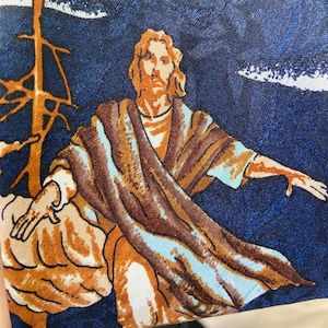 Corbata religiosa vintage con texto "Jesús calma la tormenta", "Discípulos", "Libro de Marcos", "Barco", "Océano"