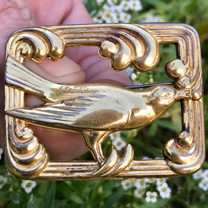 Rare Vintage Signed Coro 1940s Norseland Golden Bird Sparrow Marked STERLING Silver with Gold Wash Art Deco Style Shadowbox Brooch