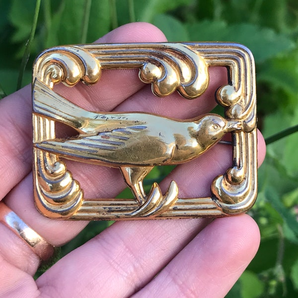 Rare Vintage Coro 1940s Norseland Golden Bird Sterling Silver with Gold Wash Art Deco Style Shadowbox Brooch