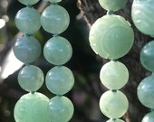 Vintage Estate Hand Carved Translucent Light Green Jade Shou Beads Sterling Silver Longevity Blessings Energizing Necklace, 36 quot