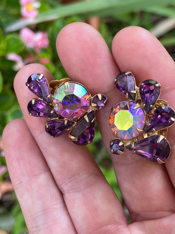 Rare Vintage WEISS Signed Aurora Borealis Earrings: Purple  Onyx Purple Rhinestone Giant Clip on Earrings Signed Made in USA main image 0
