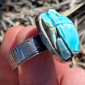 Antique Art Deco Egyptian Revival Scarab Pharaoh Faience Turquoise Glaze Sterling Silver Ring US Size 6