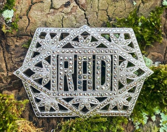 Estate Art Deco Radical Sparkling Early 1900's Marcasite & Sterling Silver Brooch Initials R A D rad
