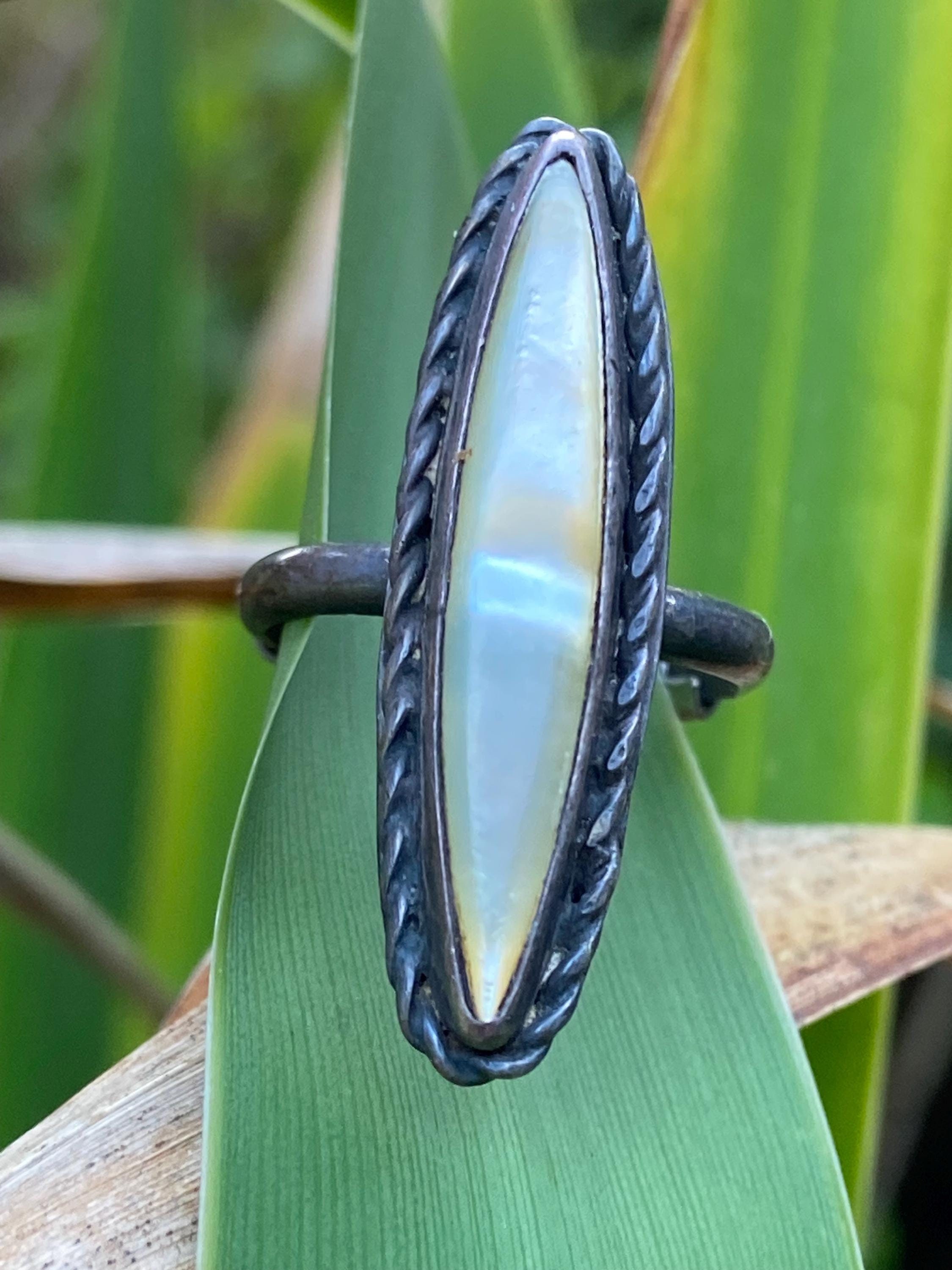 Antique Old Pawn Navajo Sterling Silver and White Mother of Pearl Marquise Navette Ring Awesome Patina US Size 5.5 w/ Removable Ring Guard