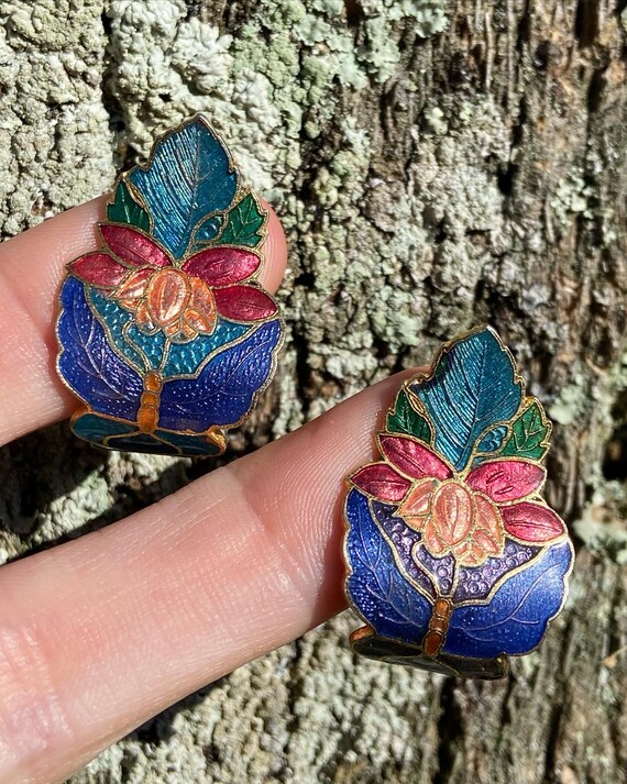 Estate 1980s Enamel Butterfly & Lotus Flower Indig