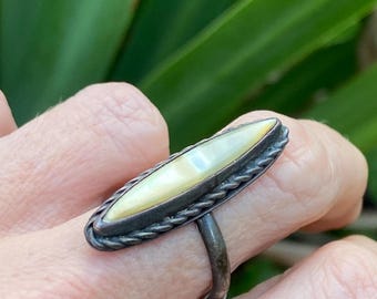 Antique Old Pawn Navajo Sterling Silver and White Mother of Pearl Marquise Navette Ring Awesome Patina US Size 5.5 w/ Removable Ring Guard