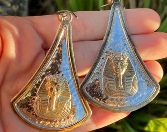 Vintage Egyptian Pharaoh Sterling Silver Dangle Earrings: Handmade Revival