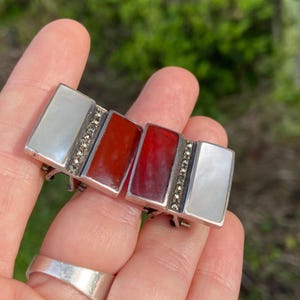 Art Deco Carnelian & Mother of Pearl Sterling Silver Earrings