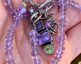 Vintage Lilac Amethyst & Lime Green Peridot Sterling Silver Beaded Pendant Adjustable Emerald Cut Necklace