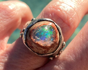Powerful Glowing Noble Mexican Fire Opal in Matrix Sugarloaf Cabochon Free Form Artist Medieval Playful Handmade Heavy Sterling Ring SizeUS4