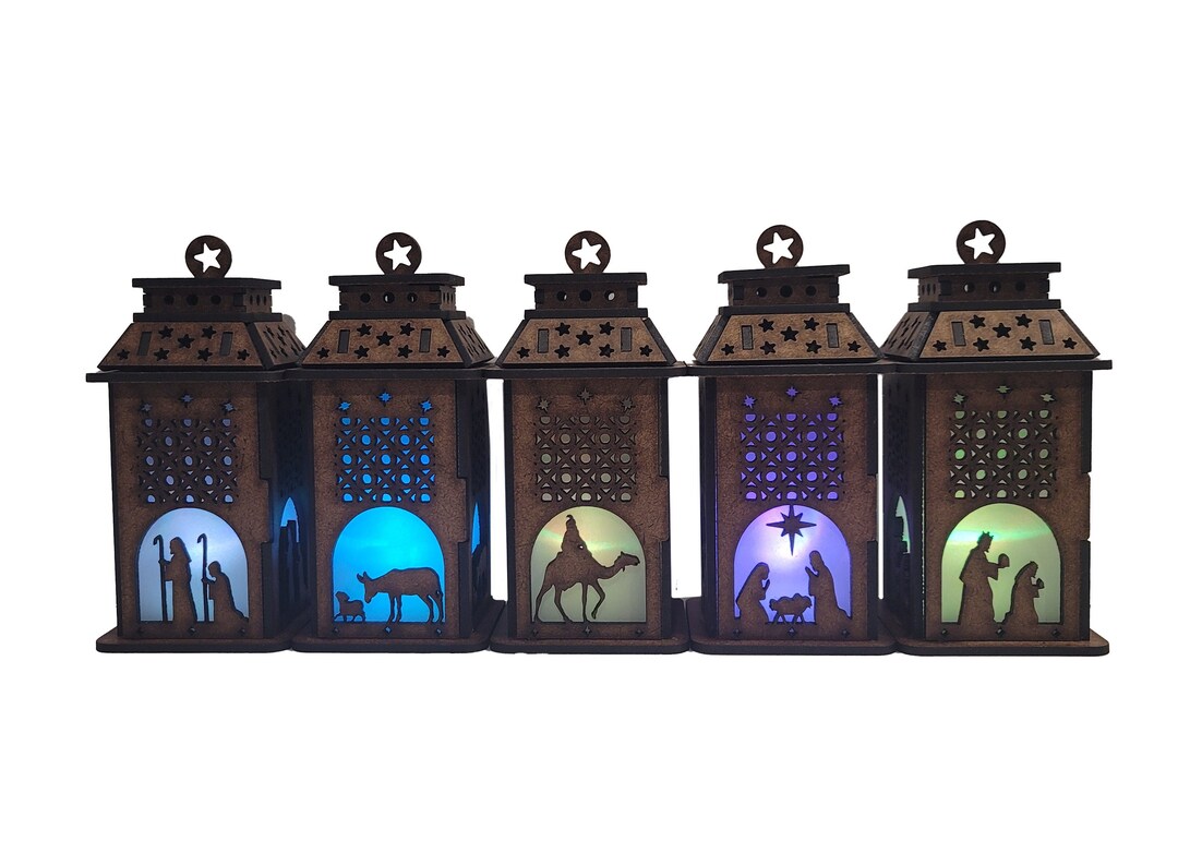 Set of 5 Small Nativity Lanterns, Christmas Decor, Home Decor, Nativity Scene, Religious, Wooden
