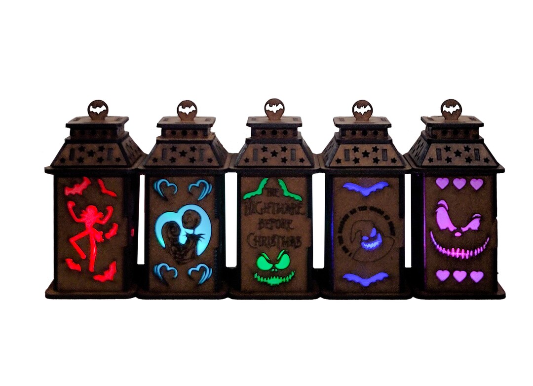 Set of 5, Art Inspired Wooden Nightmare Before Christmas Lanterns