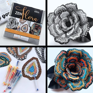 May include: A Zen Flora adult coloring paper flower kit with a black and white rose, a blue, orange, and black rose, and a set of colored pens. The kit includes instructions for assembling the paper flowers.