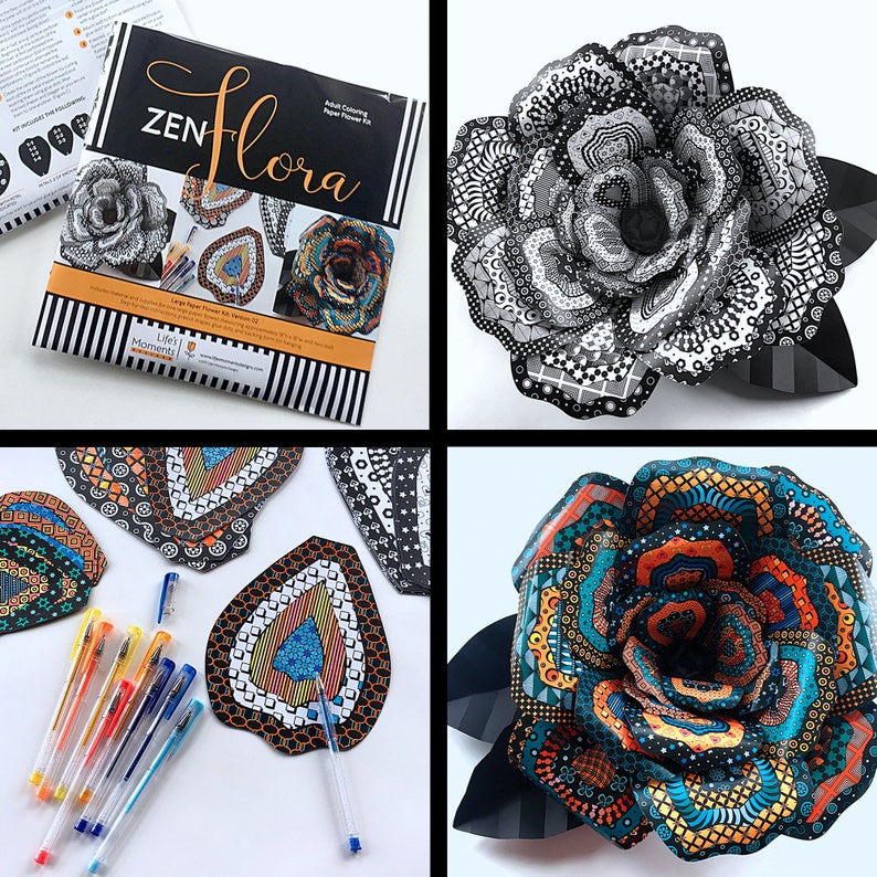 May include: A Zen Flora adult coloring paper flower kit with a black and white rose, a blue, orange, and black rose, and a set of colored pens. The kit includes instructions for assembling the paper flowers.