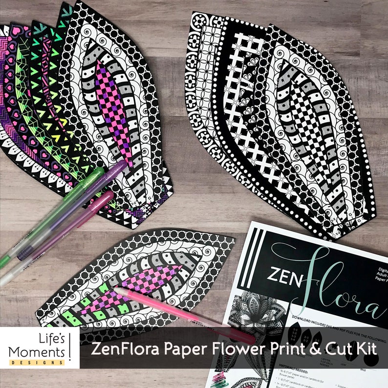 DIY Printable  Paper Flower Kit Adult Coloring Page Adult Craft Kit DIY Kit 3d Wall Art 3d Flower SVG Zentangle Giant Paper Flowers