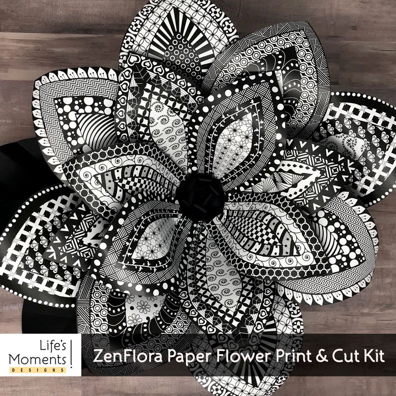 DIY Printable Paper Flower Kit Adult Coloring Page Adult Craft Kit DIY Kit 3d Wall Art 3d Flower SVG Zentangle Giant Paper Flowers
