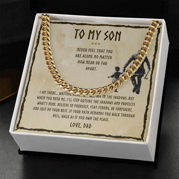 To My Son Cuban Chain Necklace, Son Gift From Dad, Never Alone Norse Message Card, Viking Norse Necklace Silver, Graduation Birthday Gift