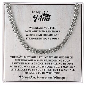 To My Man Cuban Chain Necklace, My King Message Card, Jewelry for Him Romantic, Best Jewelry for Men, Birthday Gifts for Him, Valentines Day