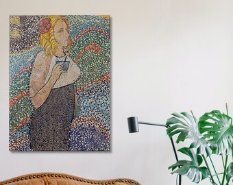 Pointillist Woman with Cocktail Painting: Original Fine Art on Wood