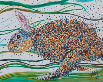 Original Oil Painting: Colorful Pointillist Rabbit Art - North Carolina