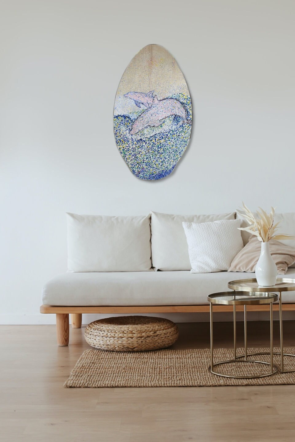 Pink Dolphins | Original Pointillist Painting | Home Decor | Skimboard | beach house
