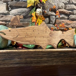 Hand-Carved Wooden Salmon Wall Decor: Rustic Cabin Art with Seasonal Accessories