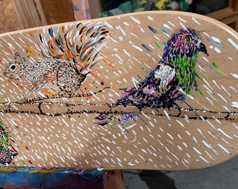 Squirrels and Pigeons Pointillist Painting on Skateboard Deck