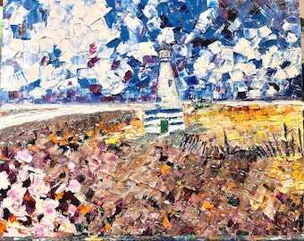 May include: An impressionistic painting of a lighthouse with blue and white stripes, a green door, and a yellow light. The sky is a mix of blue and white brushstrokes, and the foreground features textured brown, purple, and yellow hues.