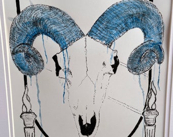 UNC Ram Skull Original Drawing and Watercolor #2 | Chapel Hill | North Carolina |