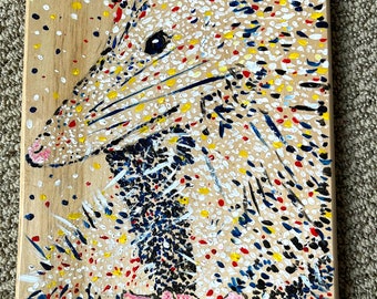 Opossum auf Skateboard | Original Kunst | Original Pointilist Gemälde | Wohnkultur | Wandkunst | Holzmalerei