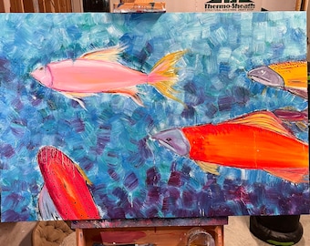 Salmon fish -  Original Art - Original Oil Painting on Canvas - Just finished 1/3 - Still Wet! - first painting of 2024!