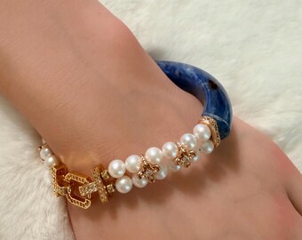 Blue Kyanite Pearl Half Bangle Bracelet, 14mm Wide, Fits 6.5-8" Wrist