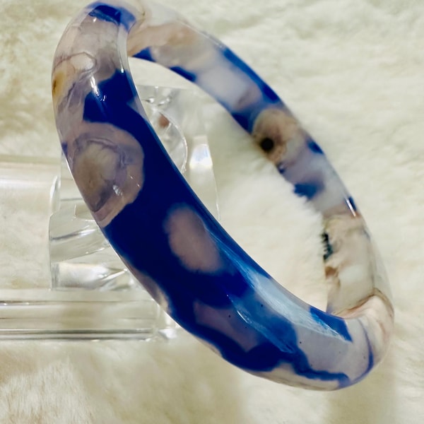 Blue Flower Agate Bangle Bracelet (62mm)