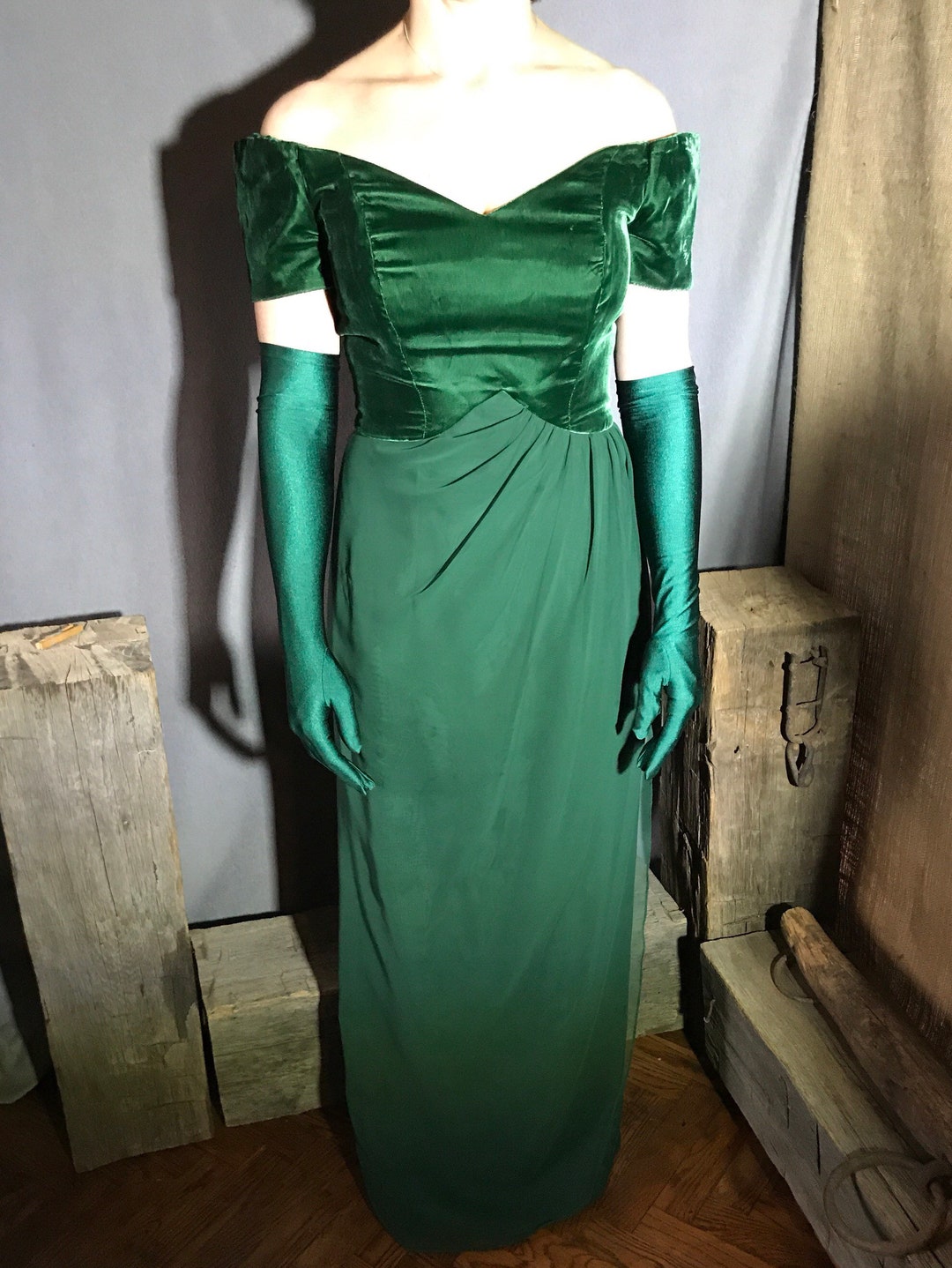 1990s Hunter Green Formal Dress and Gloves - Etsy