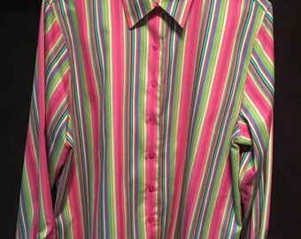 Vintage womens Foxcroft size 14p rainbow striped polyester cotton bkend rare blouse!