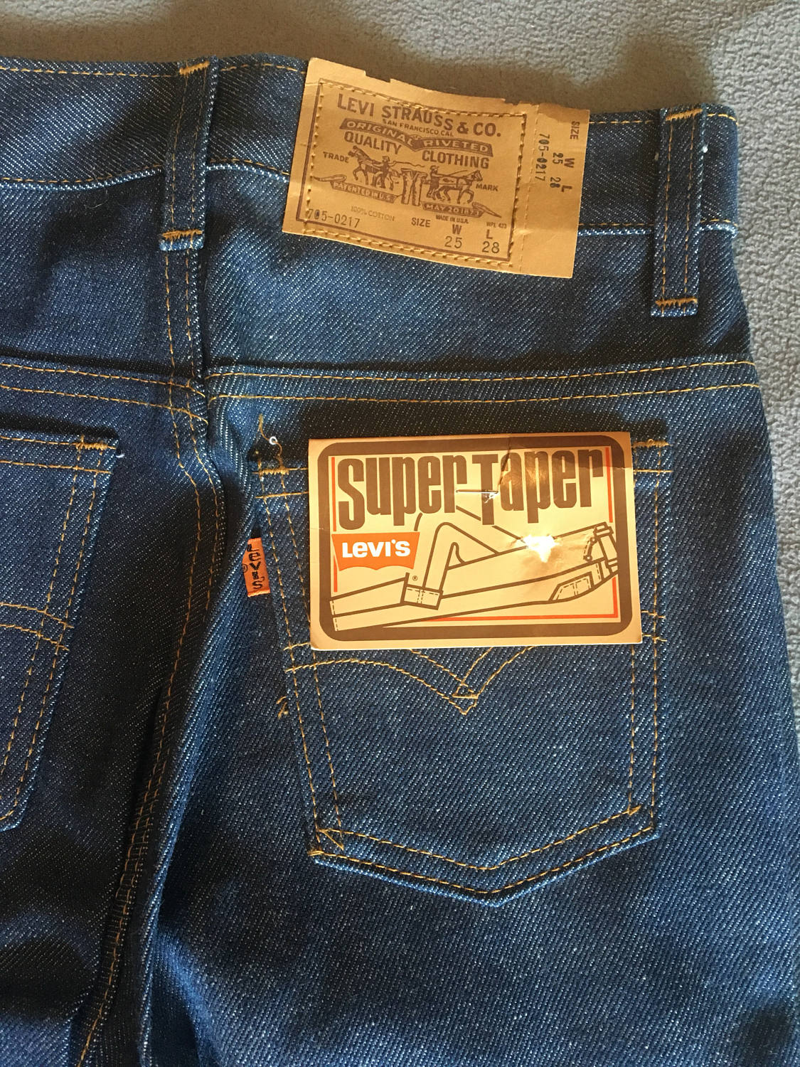 Vintage Levis Super Taper Jeans, Deadstock Orange Tab, Dark Wash